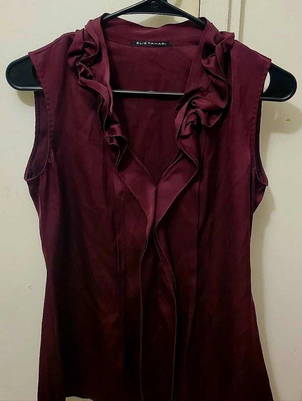Elie Tahari Silk Sleeveless Ruffle V-Neck Blouse in Burgundy